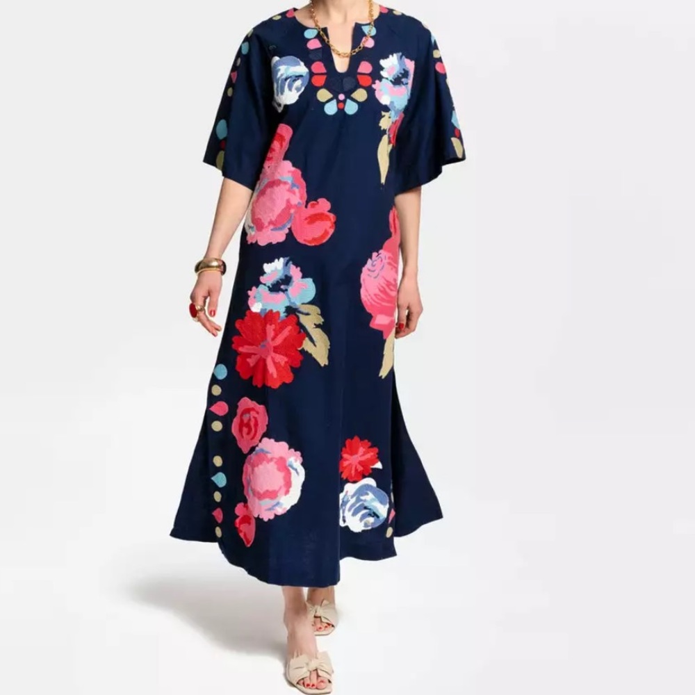 Frances Valentine Delightful Caftan Peony Garden Cotton Embroidery maxi dress S